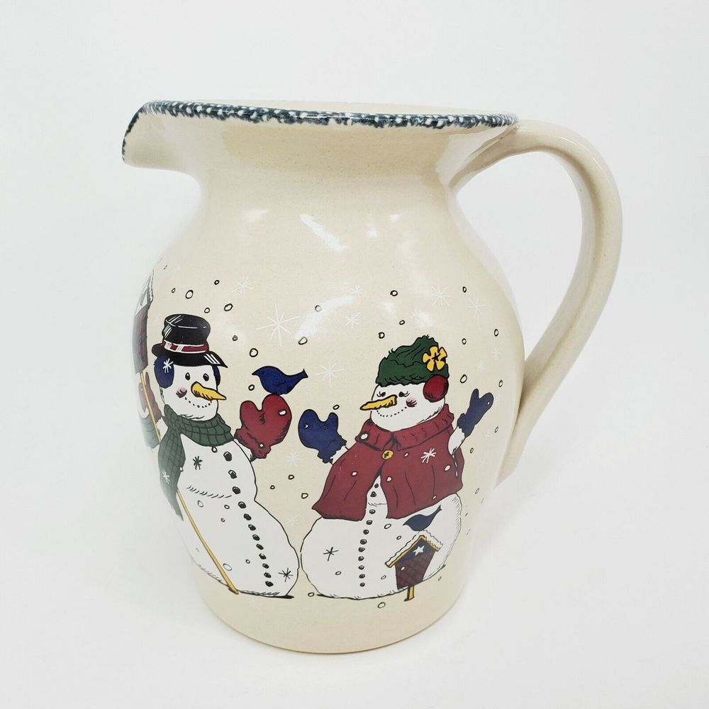Pottery Pitcher Snowmen Birds Home & Garden Party Hand Made in the USA 1998‎